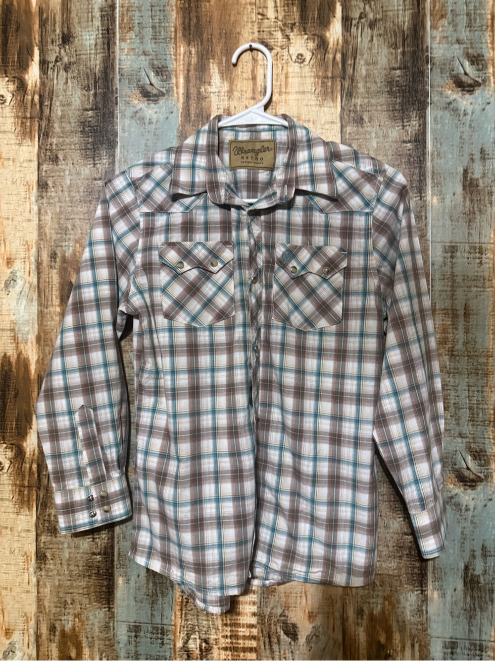 Wrangler Plaid Button-Down Shirt - White, Brown & Teal